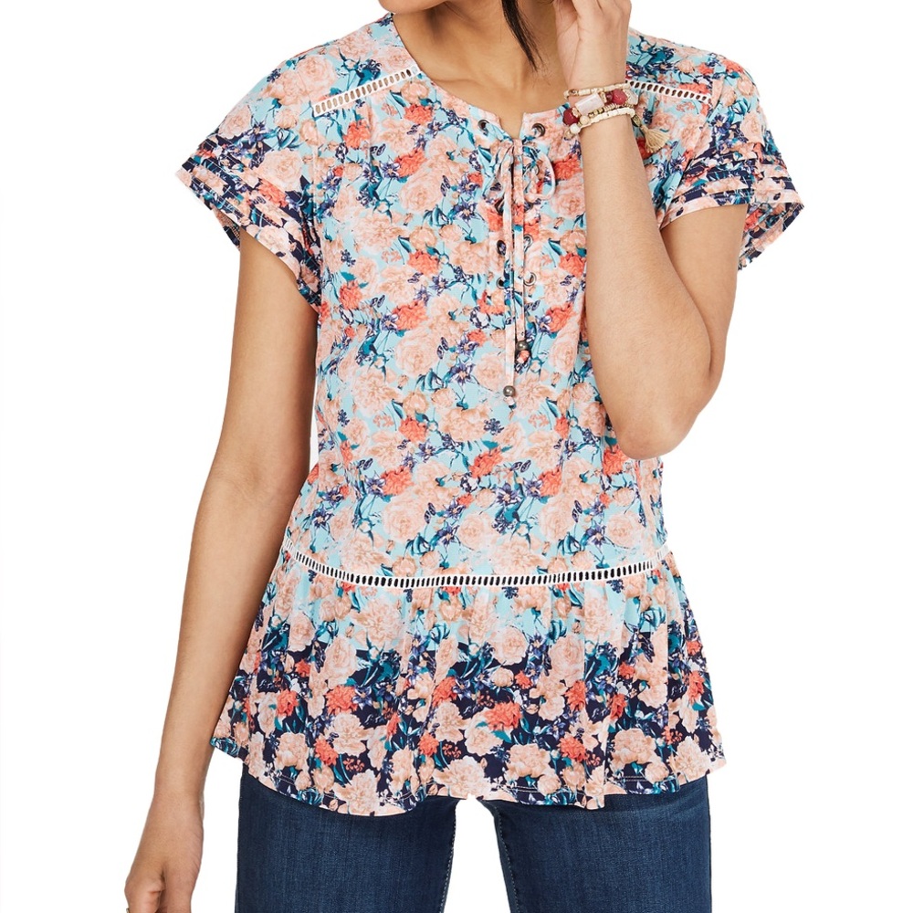 Style & Co. Floral Lace-Up Blouse - Coral and Teal